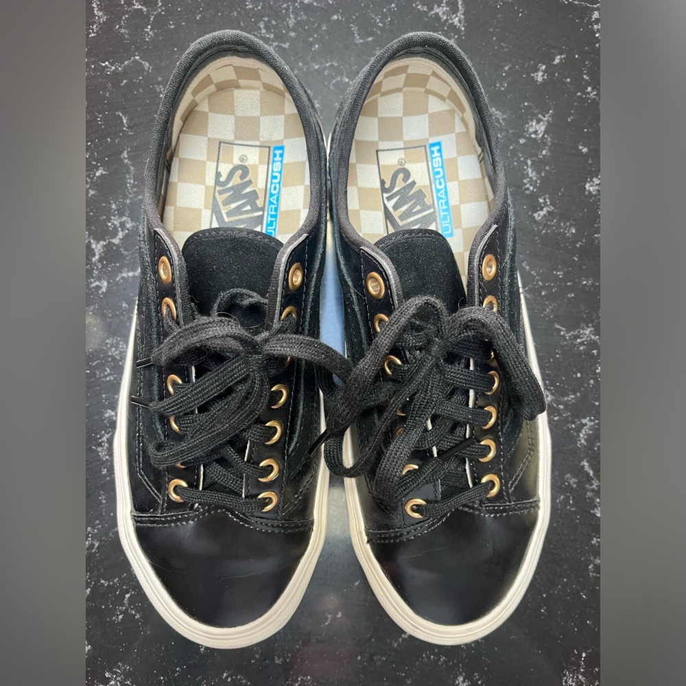 Vans black leather sneakers, size W8, M6.5